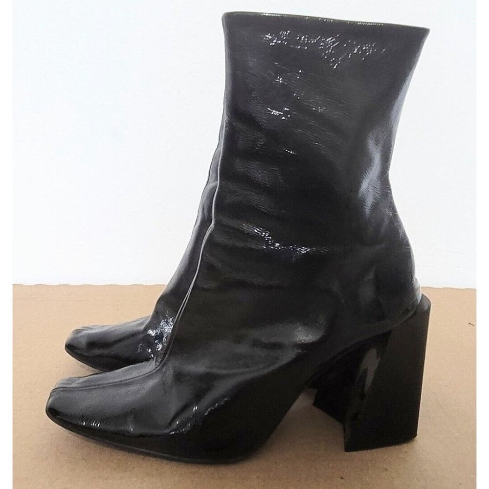 Topshop Black Patent Leather Boots Womens Size 38 Chunky Block Heel Retro - Picture 9 of 14